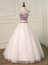 White Two Piece Tulle Crystal Backless Crystal Quinceanera Dresses